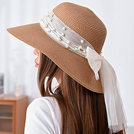 Pearl Embellished Wide Brim Sheer Bow Sun Hat