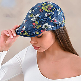 Flower Pattern Printed Denim Newsboy Hat