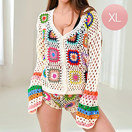 X-LARGE - Granny Square Crochet Long Sleeves Shirt Cardigan