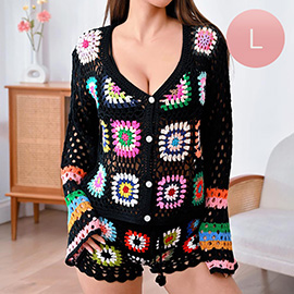 LARGE - Granny Square Crochet Long Sleeves Shirt Cardigan