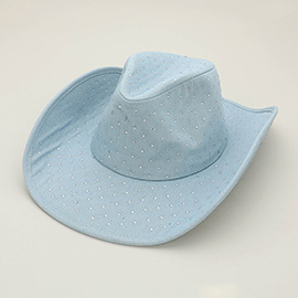 Sparkling Rhinestone Embellished Denim Western Cowboy Fedora Hat