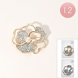 12PCS - Pearl Centered Stone Paved Flower Pin Brooches