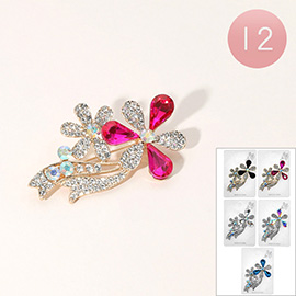 12PCS - Stone Paved Double Flower Pin Brooches