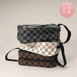 12PCS - Checkered Faux Leather Transparent Travel Pouch Bag / Toiletry Bag