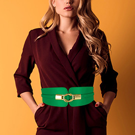 Faux Leather Metal Buckle Accented Wide Elastic Waist Belt