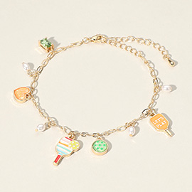 Enamel Pickleball Pearl Charm Station Paperclip Chain Bracelet