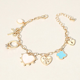 Mother of Pearl Heart Enamel Quatrefoil Metal Bow Lock Ring Charm Station Paperclip Chain Bracelet