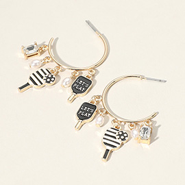 Enamel Pickle Ball Pearl Charm Hoop Earrings