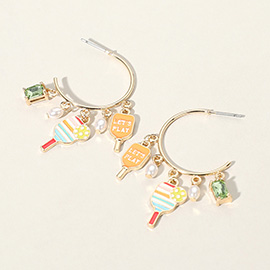 Lets Play Message Enamel Pickle Ball Pearl Charm Hoop Earrings