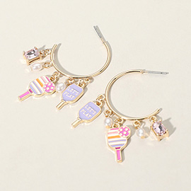 Enamel Pickle Ball Pearl Charm Hoop Earrings