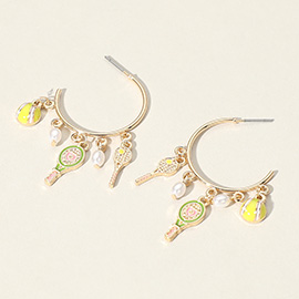 Enamel Tennis Pearl Charm Hoop Earrings