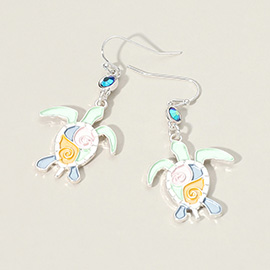 Stone Accented Enamel Sea Turtle Dangle Earrings