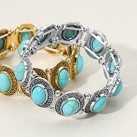 Western Oval Turquoise Stone Link Stretch Bracelet