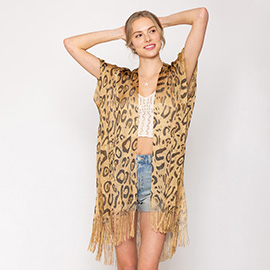 Leopard Pattern Printed Lurex Tassel Bottom Hem Kimono Poncho