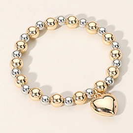 Metal Heart Charm Ball Beaded Stretch Bracelet