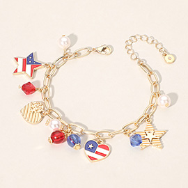 Enamel American USA Flag Heart Star Pearl Stone Charm Station Paperclip Chain Bracelet