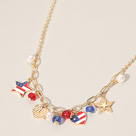 Enamel American USA Flag Star Heart Pearl Charm Station Necklace