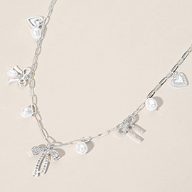 Metal Heart Bow Pearl Charm Station Paperclip Chain Necklace