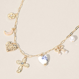 Pearl Crescent Bow Flower Metal Cross Ceramic Heart Charm Station Paperclip Chain Necklace