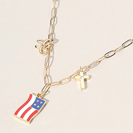 Enamel American USA Flag Metal Cross Bow Charm Station Paperclip Chain Necklace