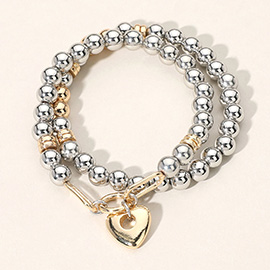 2PCS - Metal Heart Charm Pointed Ball Beaded Stretch Multi Layered Bracelets