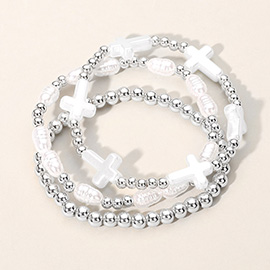 3PCS - Pearl Cross Metal Ball Beaded Stretch Multi Layered Bracelets