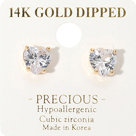 14K Gold Dipped Hypoallergenic Heart CZ Stone Stud Earrings