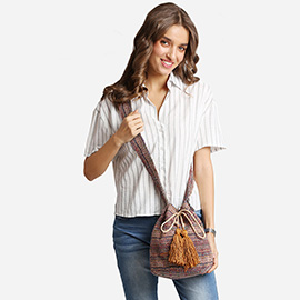 Boho Woven Tassel Bucket Shoulder Bag / Crossbody Bag