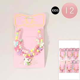 12 SET OF 2 - Kids Kitty Character Heart Ball Beaded Stretch Necklace Bracelet Set