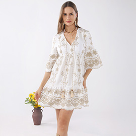 Boho Flower Embroidered Tunic Dress / Beach Cover Up / Casual Summer Dress