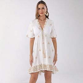 Boho Embroidered Flowy Short Sleeves Tassel Tunic Dress