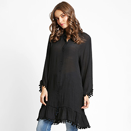 Boho Pom Pom Trim Button-Up Tunic Dress / Top Shirt