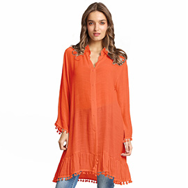 Boho Pom Pom Trim Button-Up Tunic Dress / Top Shirt