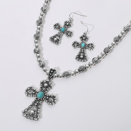 Turquoise Stone Pointed Glass Stone Embellished Cross Pendant Antique Metal Necklace