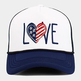 LOVE Message Heart American USA Flag Embroidered Mesh Back Trucker Hat