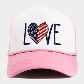 LOVE Message Heart American USA Flag Embroidered Mesh Back Trucker Hat