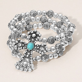 Turquoise Stone Accented Antique Metal Cross Metal Ball Beaded Triple Layered Stretch Bracelet