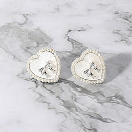 Pearl Paved Rim Metal Bow Pointed Enamel Heart Stud Earrings