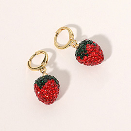 18K Gold Dipped Stone Studded Strawberry Dangle Huggie Earrings