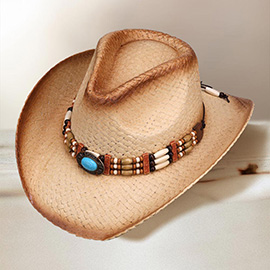 Turquoise Stone Pointed Wooden Beaded Band Western Straw Cowboy Fedora Hat