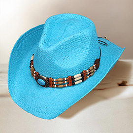 Turquoise Stone Pointed Wooden Beaded Band Western Straw Cowboy Fedora Hat