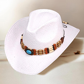 Turquoise Stone Pointed Wooden Beaded Band Western Straw Cowboy Fedora Hat