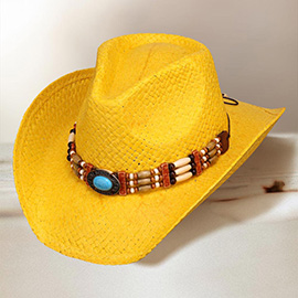 Turquoise Stone Pointed Wooden Beaded Band Western Straw Cowboy Fedora Hat