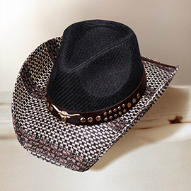 Metal Steer Head Pointed Faux Leather Band Western Straw Cowboy Fedora Hat