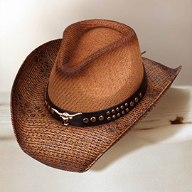 Metal Steer Head Pointed Faux Leather Band Western Straw Cowboy Fedora Hat