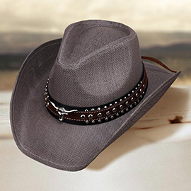 Metal Steer Head Studded Faux Leather Band Western Straw Cowboy Fedora Hat