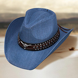 Metal Steer Head Studded Faux Leather Band Western Straw Cowboy Fedora Hat