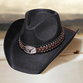 Metal Steer Head Plate Studded Faux Leather Band Western Straw Cowboy Fedora Hat