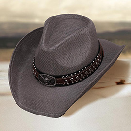 Metal Steer Head Plate Studded Faux Leather Band Western Straw Cowboy Fedora Hat