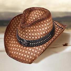 Metal Steer Head Studded Faux Leather Band Western Straw Cowboy Fedora Hat